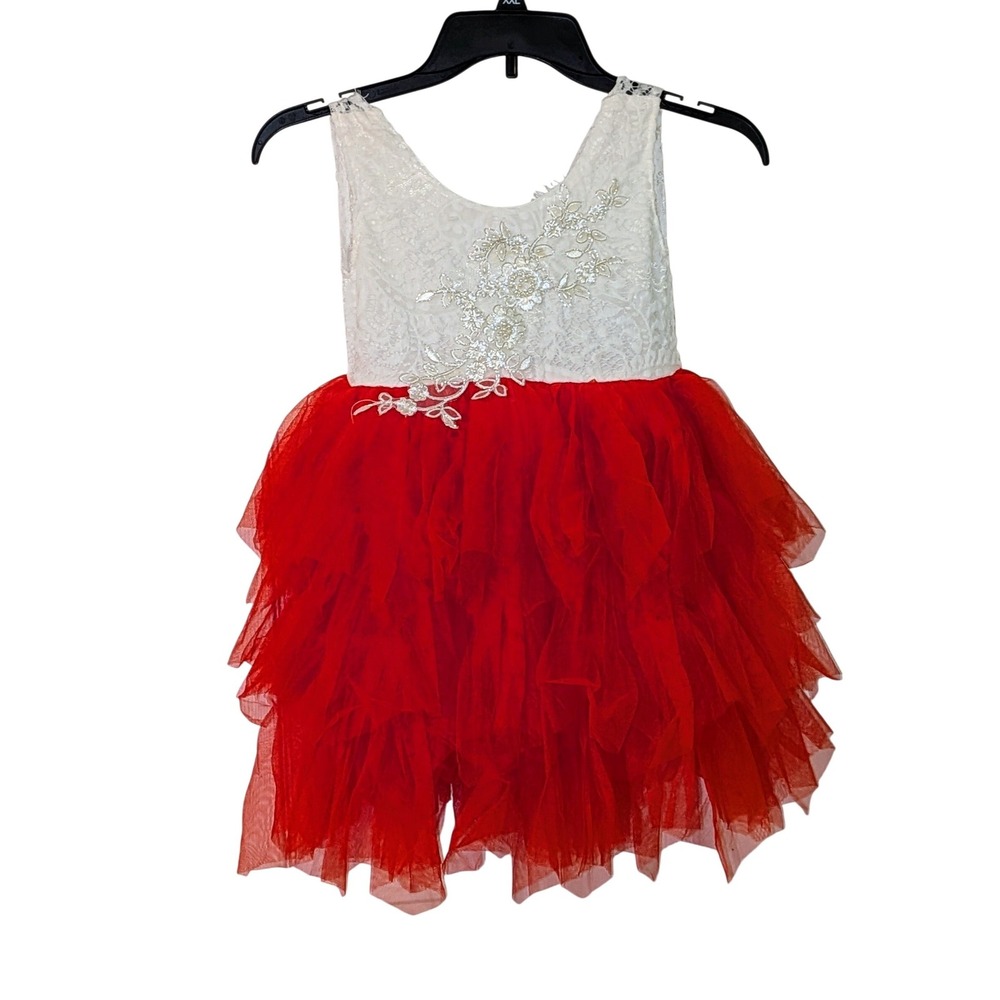 Girls Lace Top Tulle Ruffle Dress Red White Size 6 Special‎ Occasion Party NWT